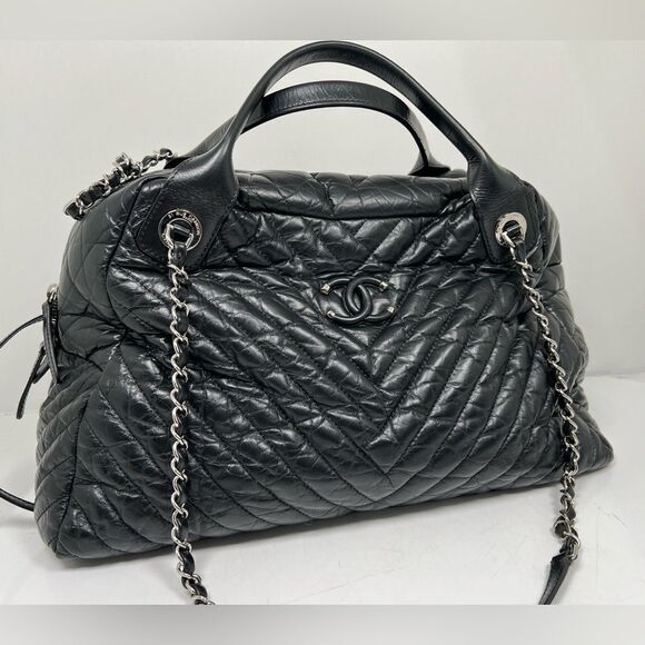 Chanel Soft Bowling Bag Chevron Aged Claf Skin Large Bag - Picture 3 of 13